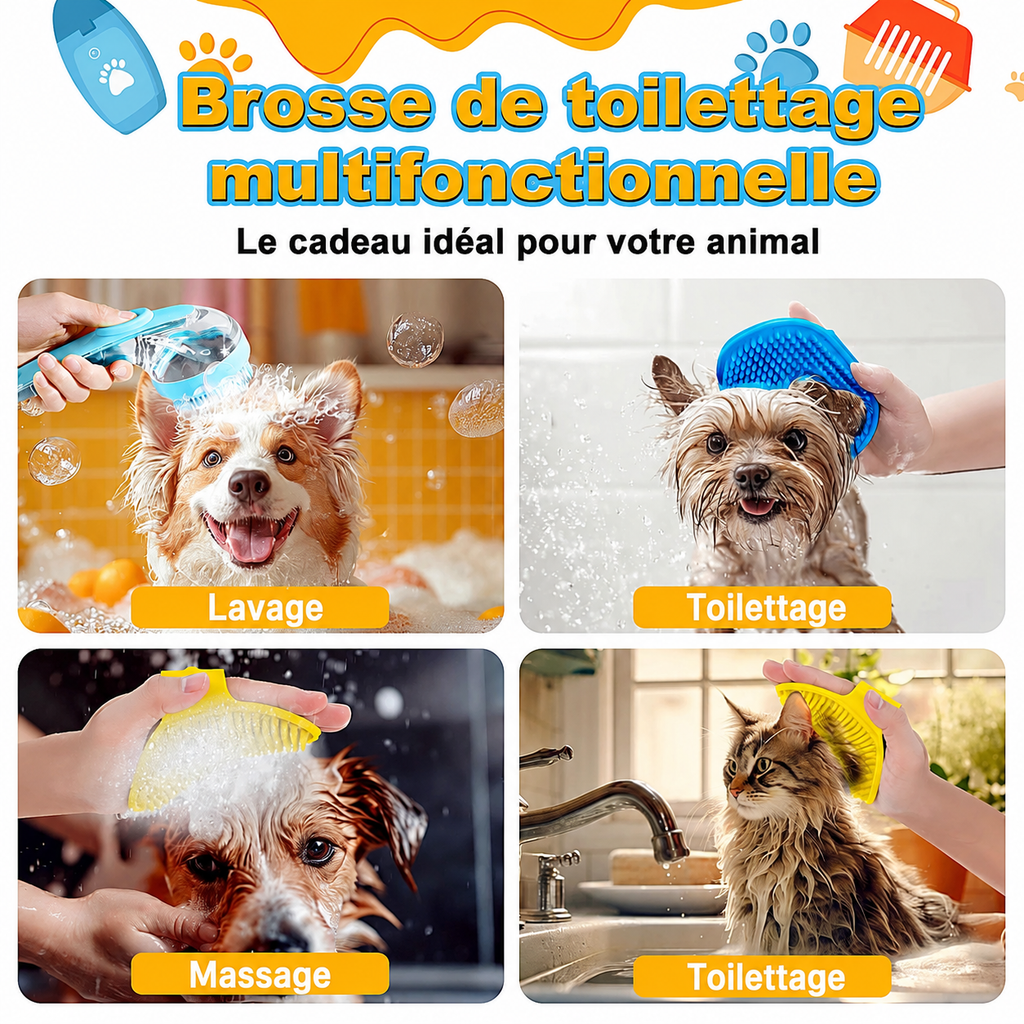Brosse de Bain pour Chien — Distributeur de Shampoing Intégré