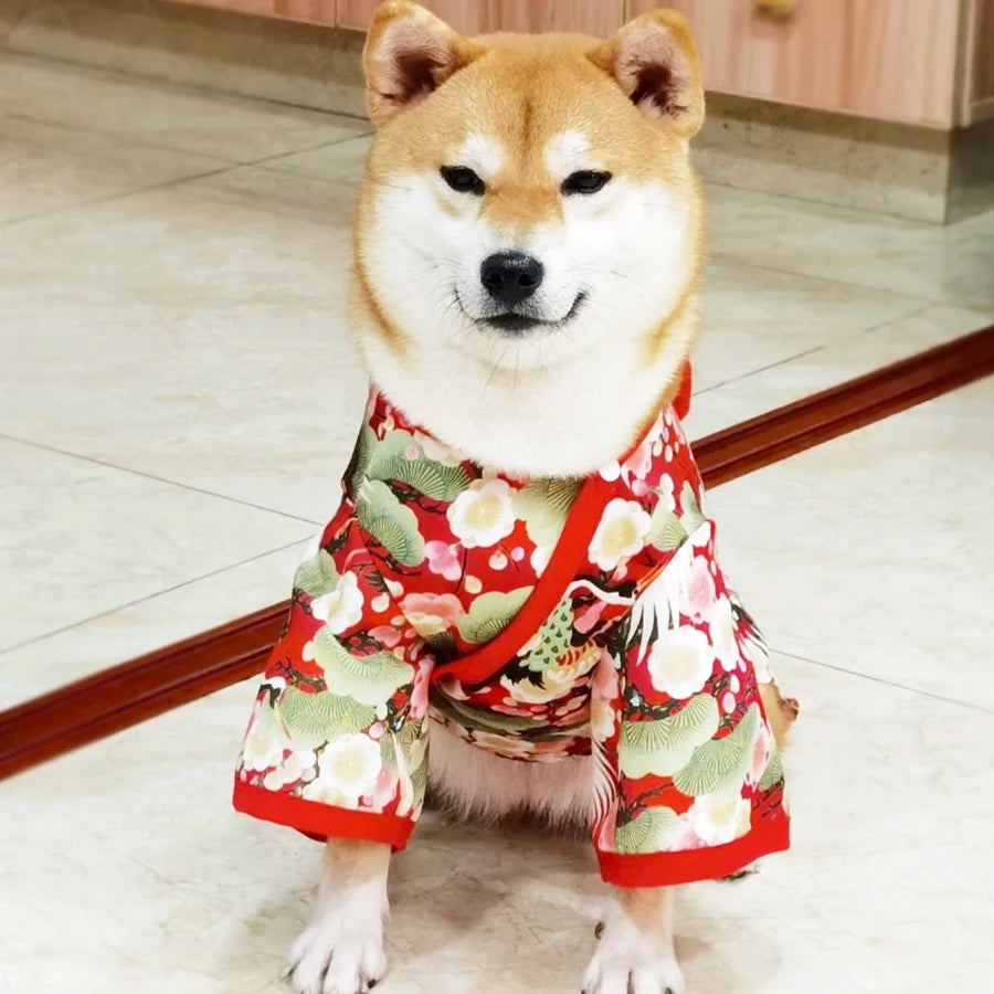 Kimono Japonais pour Chien et Chat — Motif Grues et Cerisiers