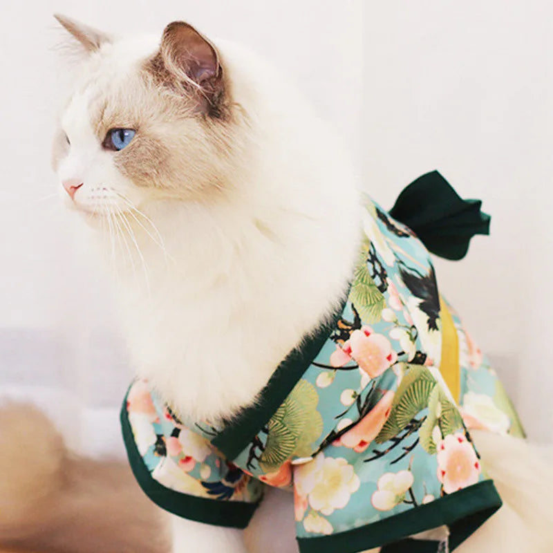 Kimono Japonais pour Chien et Chat — Motif Grues et Cerisiers