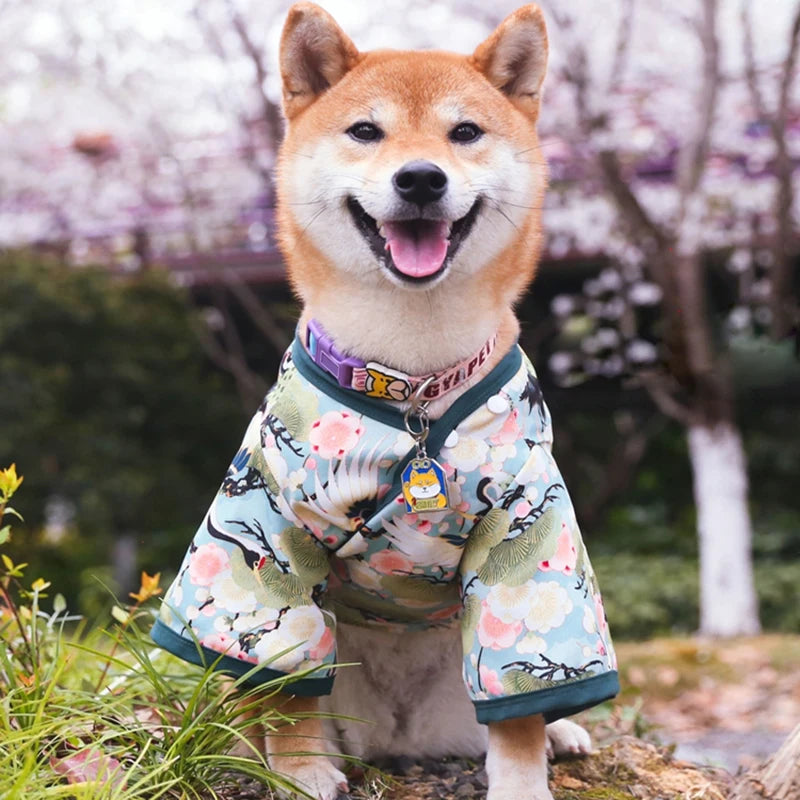 Kimono Japonais pour Chien et Chat — Motif Grues et Cerisiers