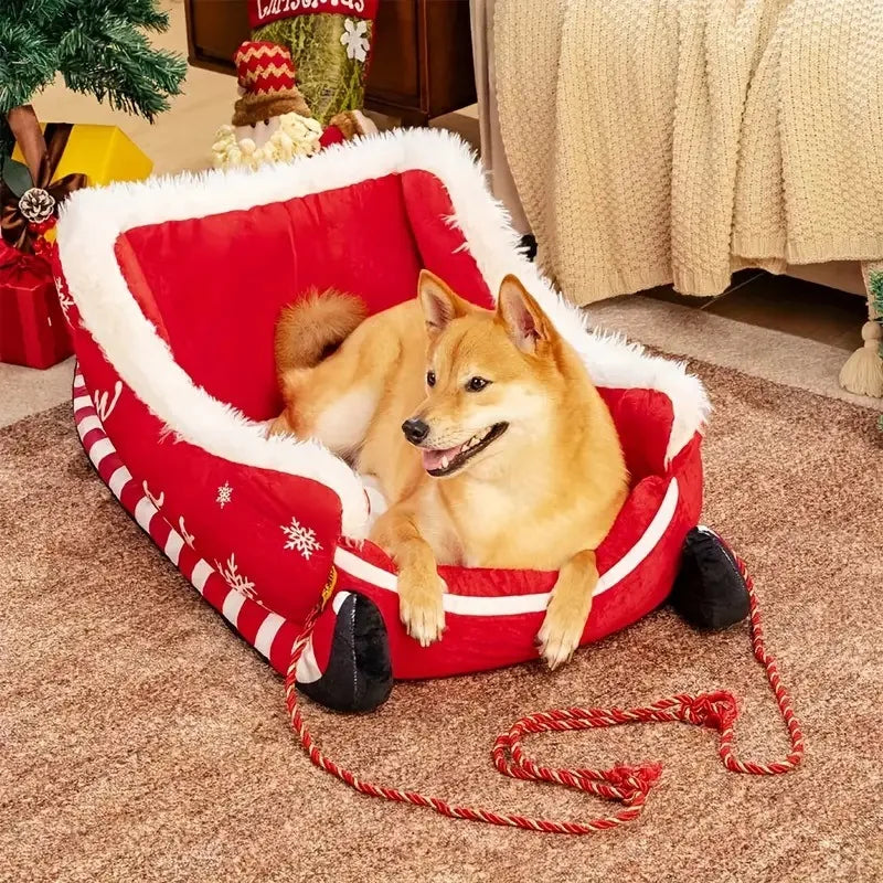 Panier Traîneau de Noël pour Chien et Chat — Peluche Chaude