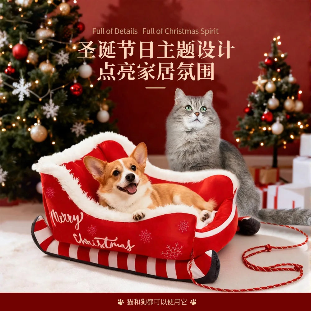 Panier Traîneau de Noël pour Chien et Chat — Peluche Chaude